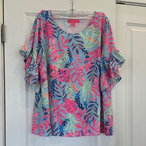 Lilly Pulitzer Pink and Blue Leaf Print Blouse
